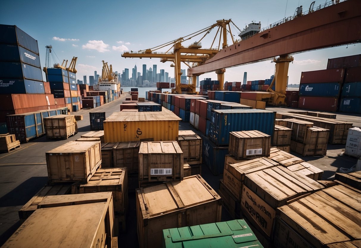 Furniture crates loaded onto a cargo ship in an Australian port, with a Singaporean skyline in the background