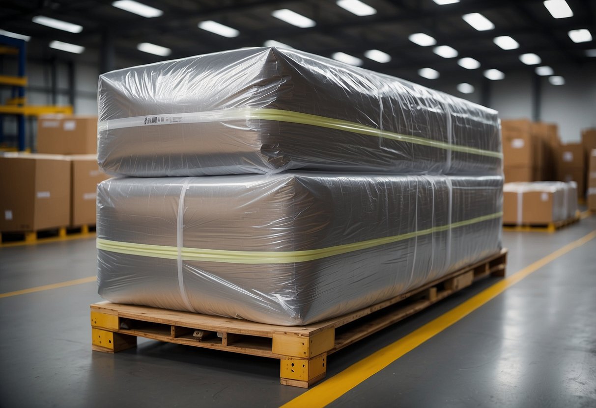 Furniture wrapped in protective packaging, labeled for shipment from Australia to Singapore