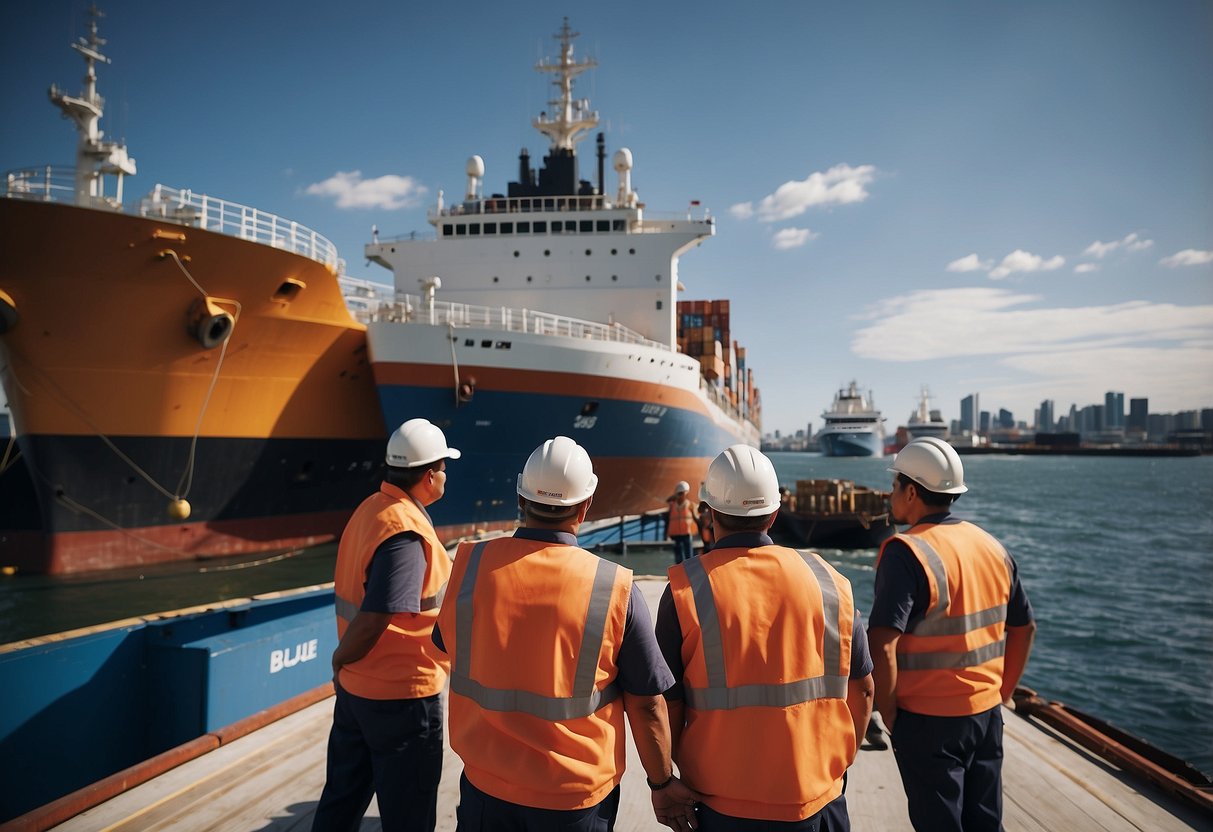 Furniture being loaded onto a cargo ship in Australia, with workers checking documents and ensuring compliance with shipping regulations for the journey to Singapore