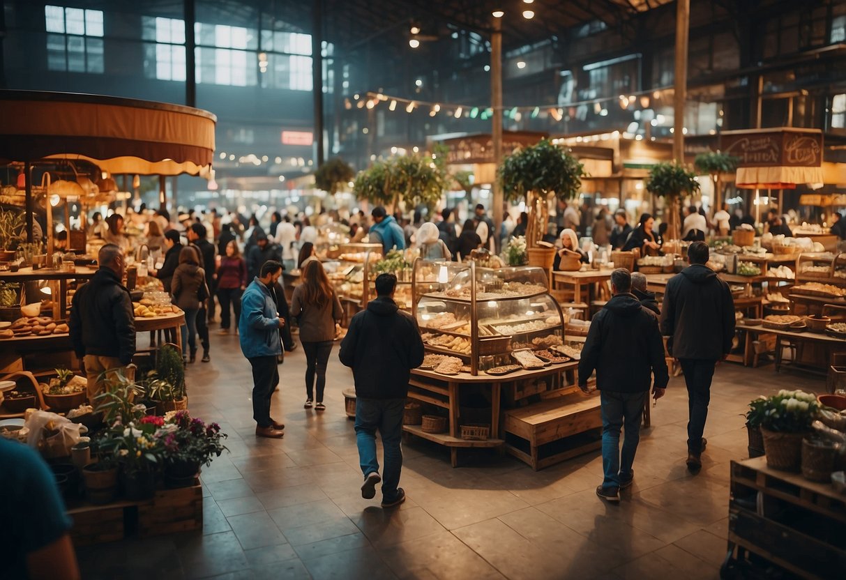 A bustling marketplace with colorful furniture displays and vendors tending to customers