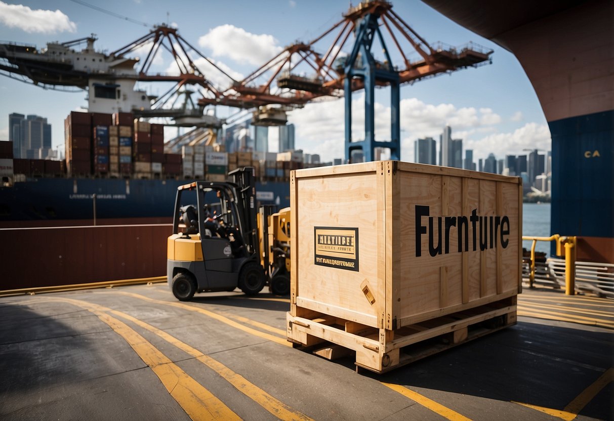 A large wooden crate labeled "Furniture" being loaded onto a cargo ship in Australia, with the skyline of Singapore visible in the background