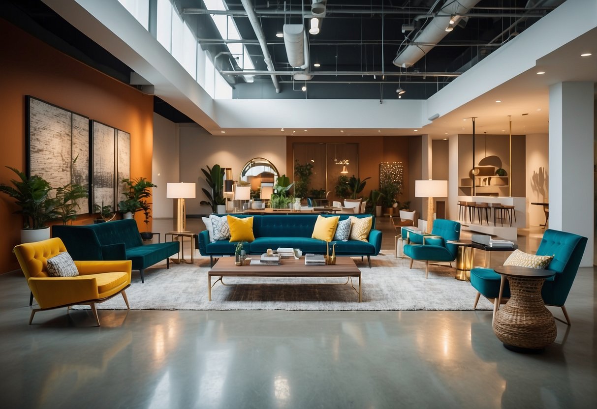 A showroom filled with modern furniture and decor. Bright lighting highlights sleek designs and vibrant colors. Unique pieces are displayed in various settings, inviting exploration