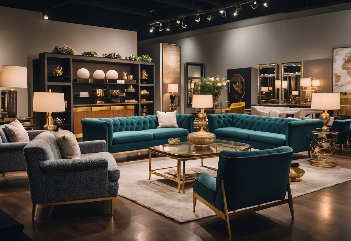 A showroom filled with modern and classic furniture pieces. Bright lighting highlights the elegant designs and textures. Various vendors display their collections