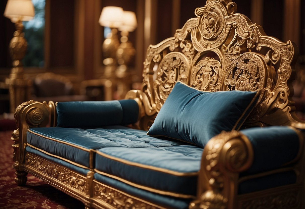 The emperor's palace furniture gleamed with intricate carvings and luxurious fabrics, reflecting the opulence of the royal court