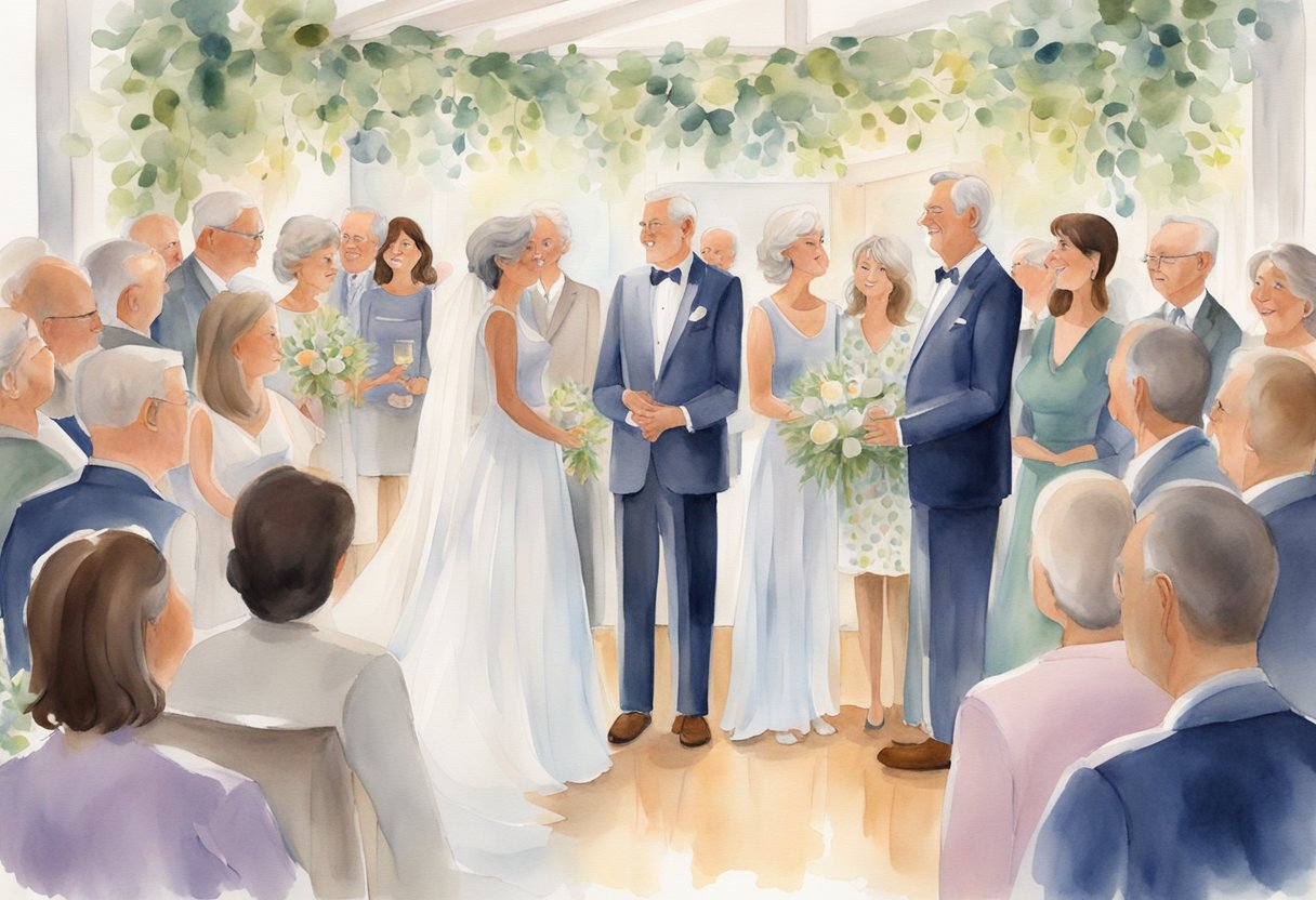 A couple stands together, surrounded by family and friends, as they deliver a heartfelt speech celebrating their 50th wedding anniversary