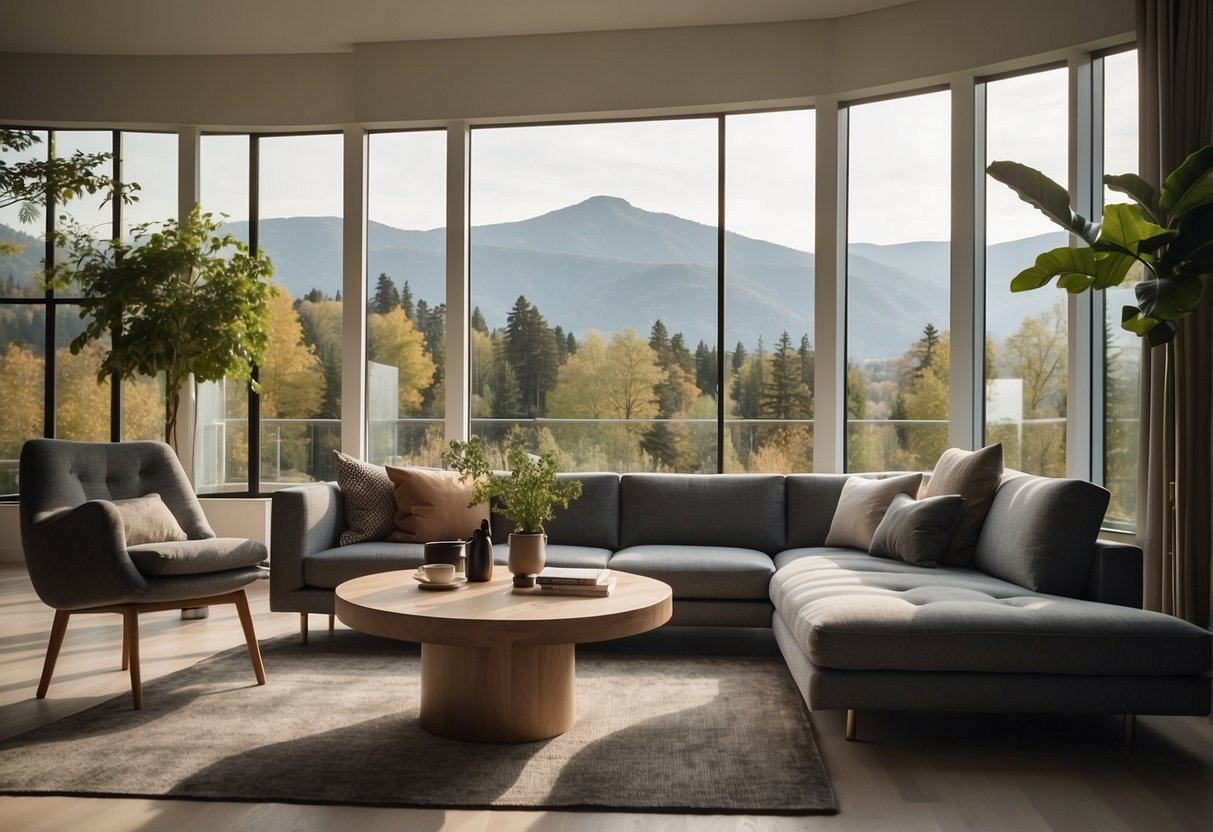 A cozy living room with modern dzine furniture, including a sleek sofa, elegant coffee table, and stylish accent chairs. The room is bathed in natural light, with a large window showcasing a beautiful outdoor view