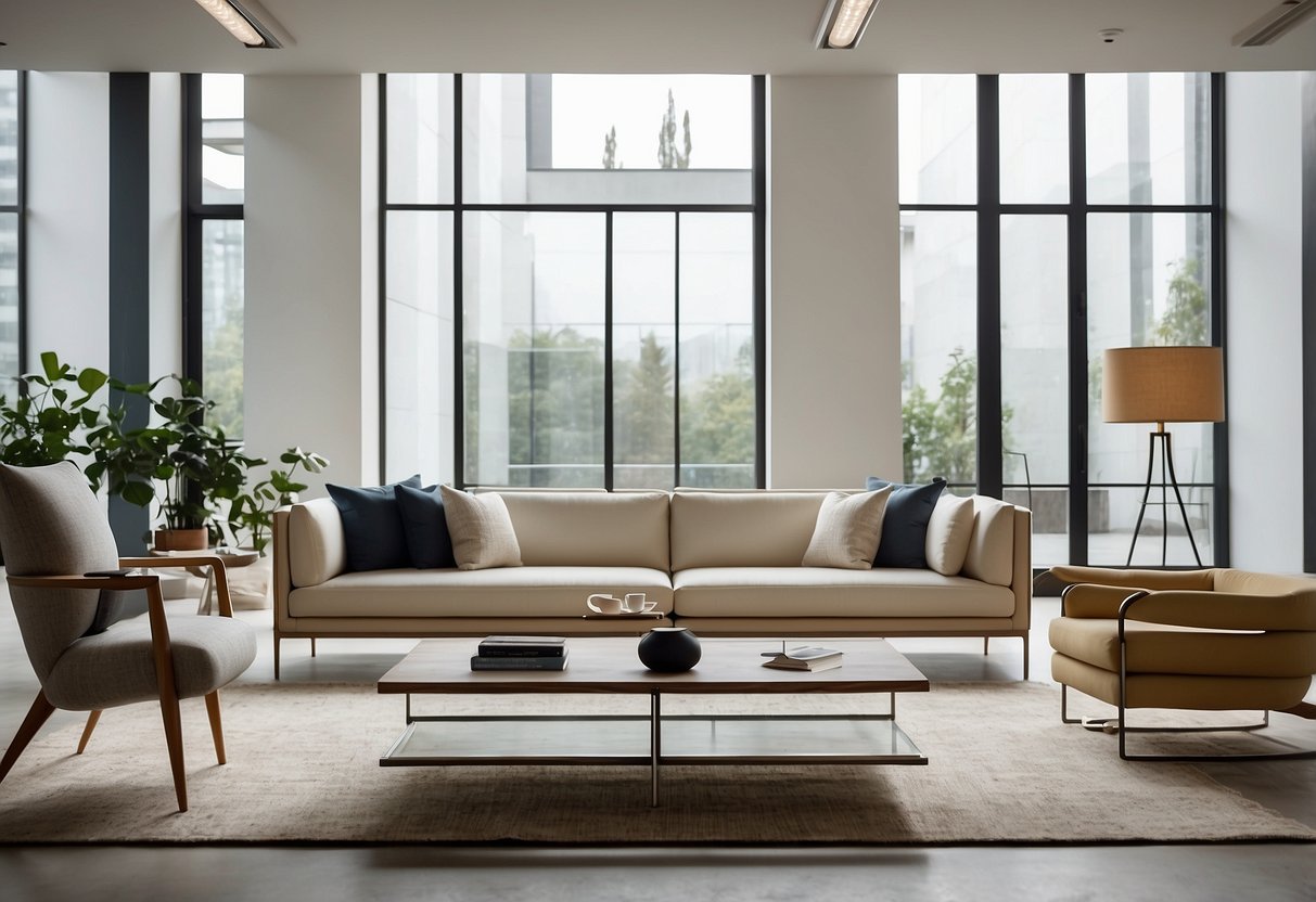 A modern, minimalist furniture showroom with clean lines and neutral colors. Various pieces are displayed with tags showing "Frequently Asked Questions" about each item