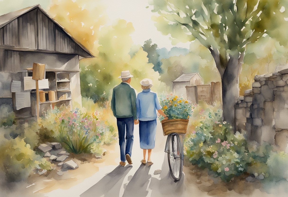 A couple stands at the end of a rustic lane, surrounded by old photos and mementos. They smile as they reminisce about their 50 years together