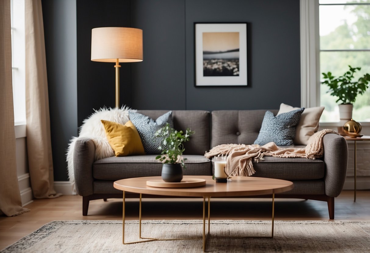 A cozy living room with a modern sofa, a sleek coffee table, and a stylish accent chair by StyleCraft. A soft rug and a decorative lamp complete the scene