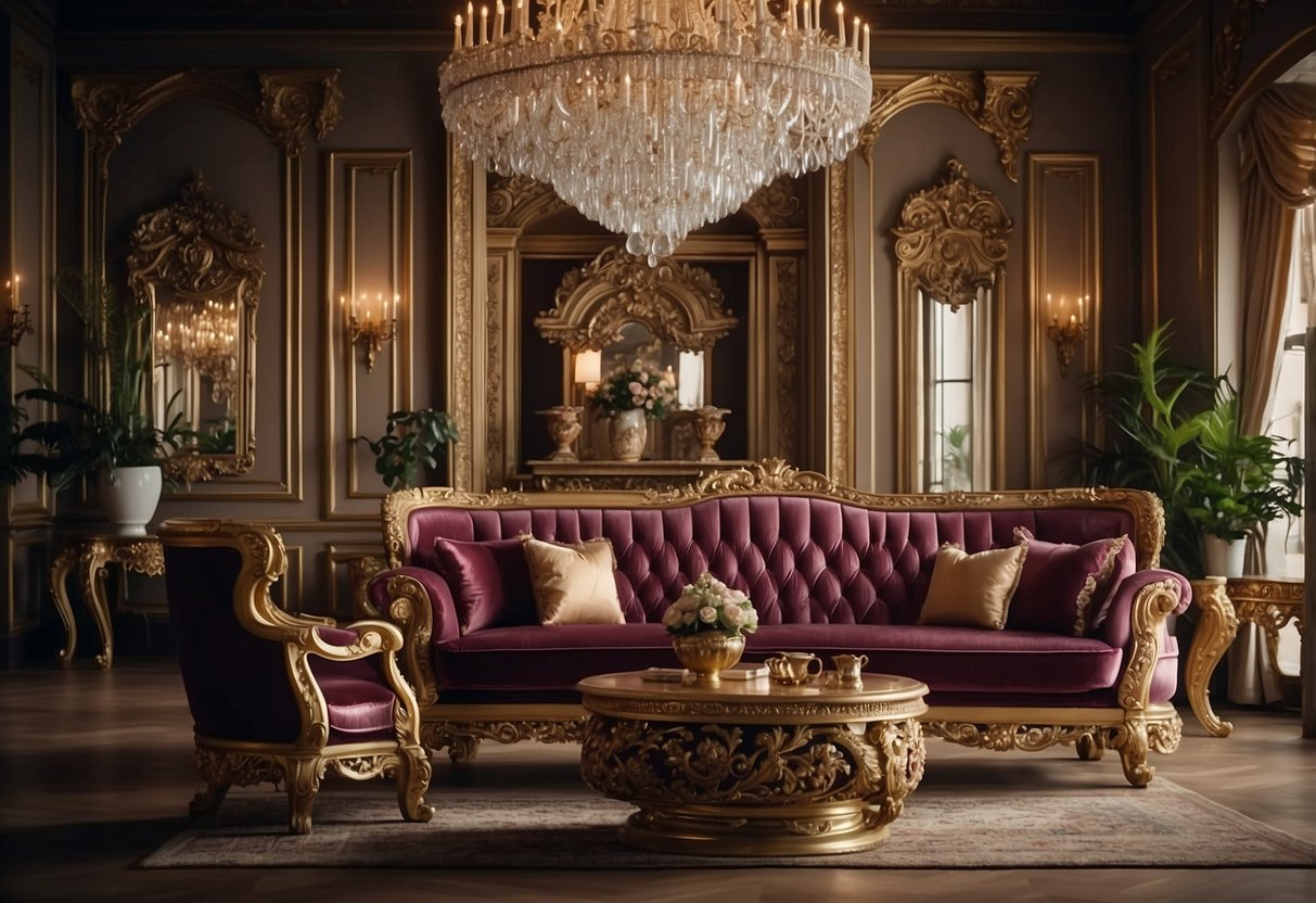 Luxurious Italian furniture fills the opulent room, adorned with intricate carvings and rich, ornate fabrics. The elegant pieces exude sophistication and refinement, creating an atmosphere of grandeur and exclusivity