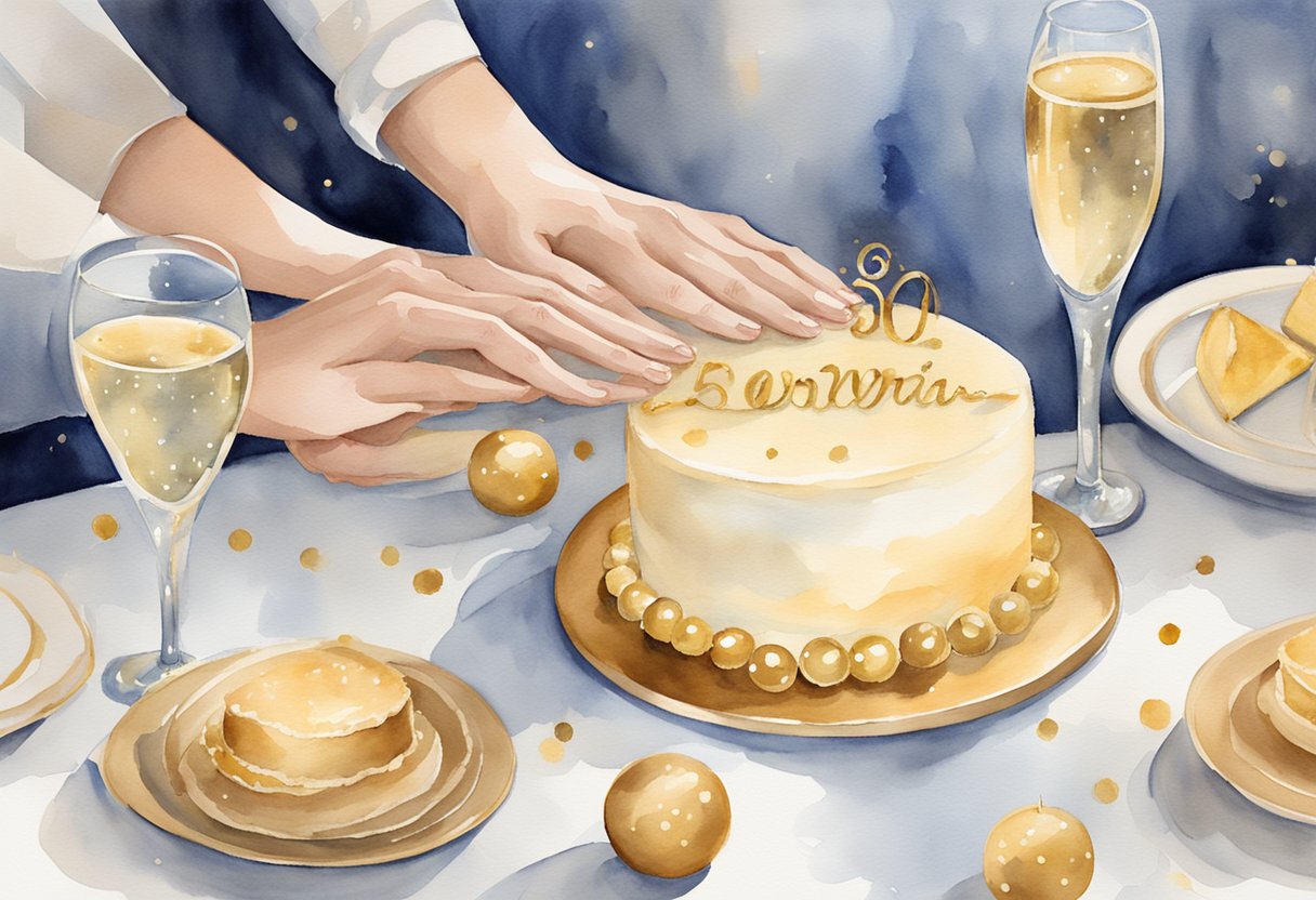 A couple's hands clasped together, surrounded by golden decorations and a table set for a celebration with a 50th anniversary cake and champagne glasses