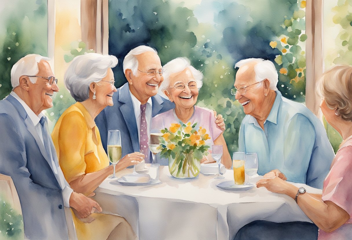 A couple surrounded by family and friends, laughing and reminiscing about their 50 years together. A speech filled with humorous anecdotes and heartwarming quotes