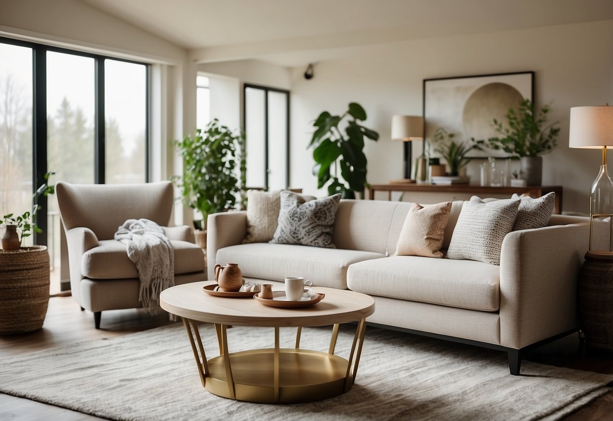 A cozy living room with a modern sofa, a sleek coffee table, and a stylish accent chair from Stylecraft. The room is bathed in natural light, with soft, neutral tones and pops of color in the decor