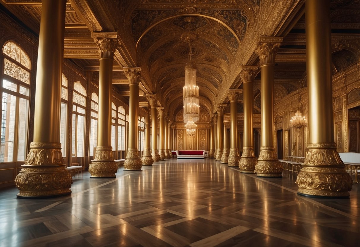 A grand hall with ornate golden thrones, intricate carved tables, and luxurious silk draperies adorning the walls of the Emperor's palace