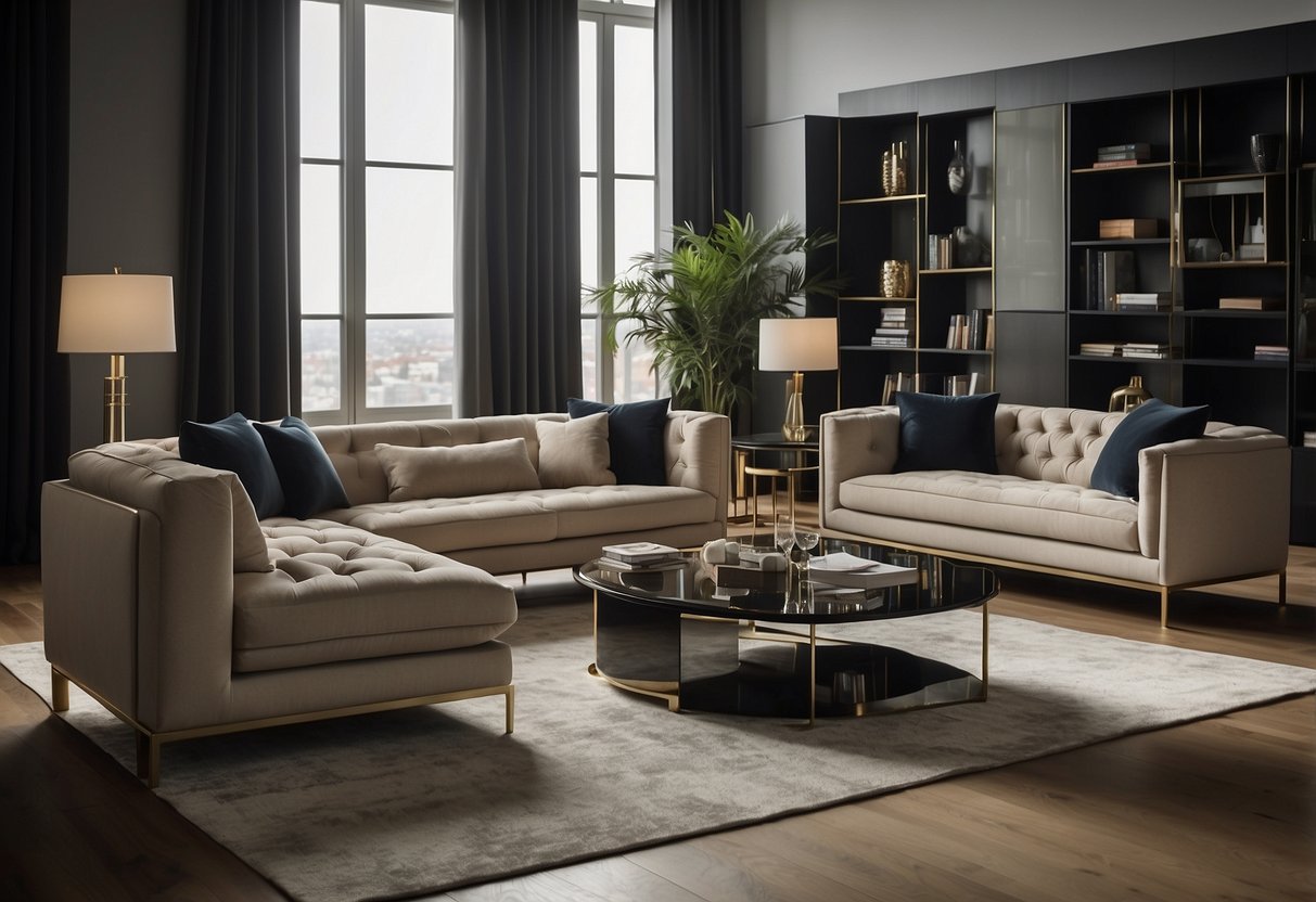 A modern living room with sleek, luxurious Italian furniture. Clean lines, rich materials, and elegant details create a sophisticated and upscale atmosphere