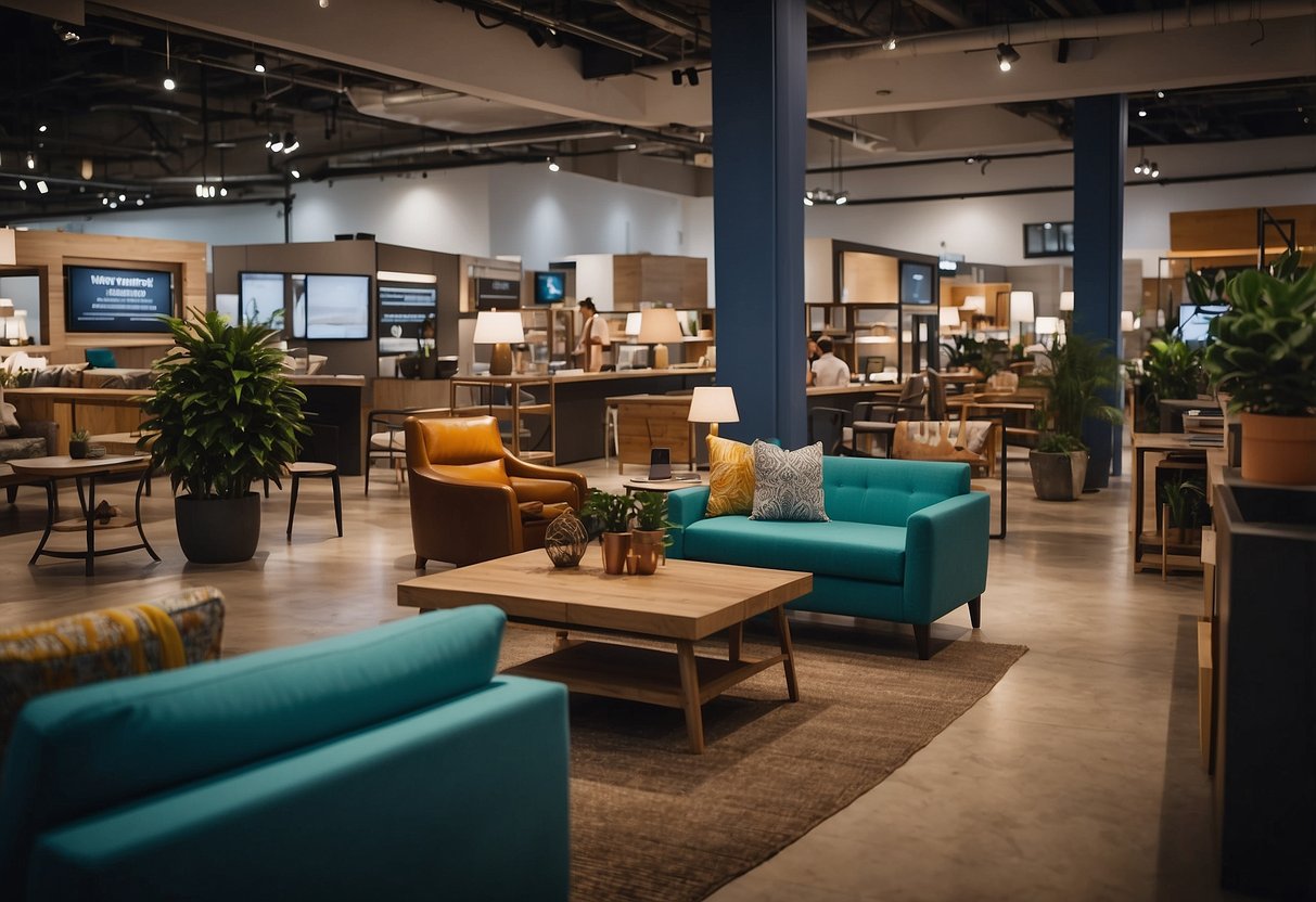A line of vendors display furniture with "Frequently Asked Questions" signs. Customers browse and inquire about the products