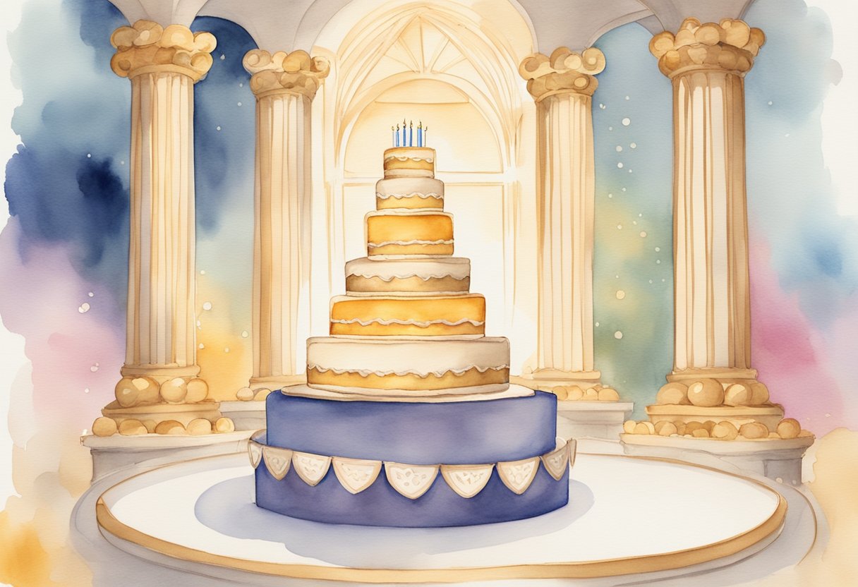 A golden anniversary cake surrounded by pillars of love and support, with a speech bubble filled with heartfelt words of gratitude