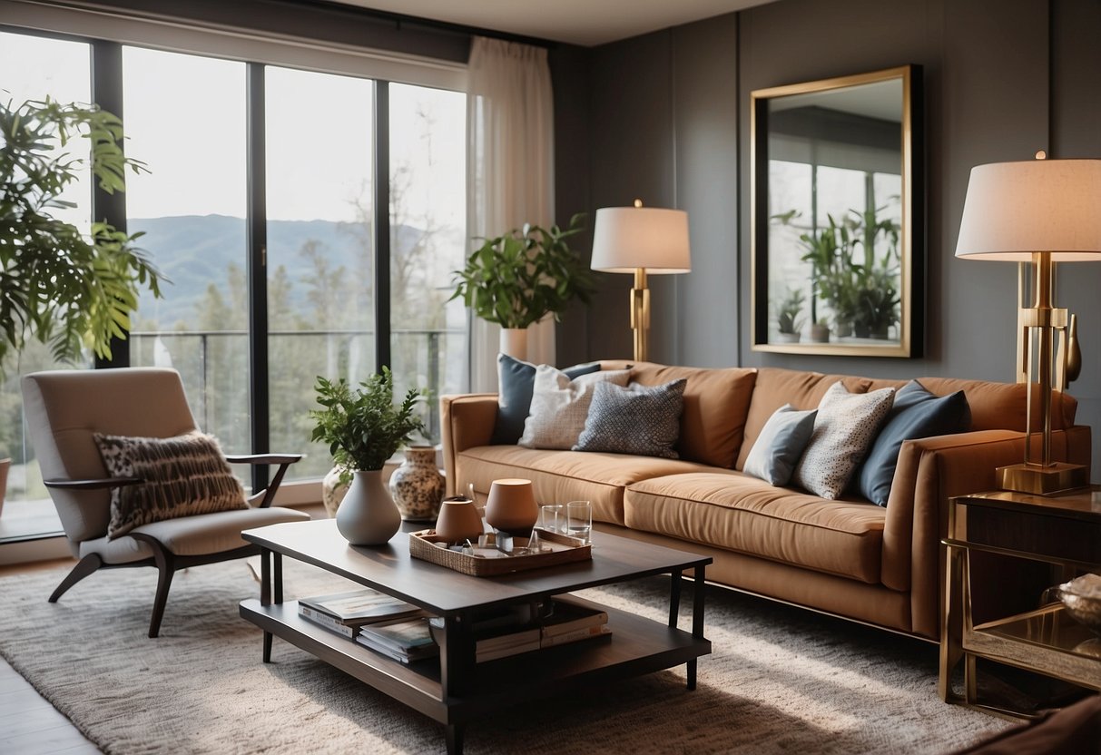 A cozy living room with a modern sofa and stylish accent chairs. A sleek coffee table displays decorative items, while a chic floor lamp adds ambiance
