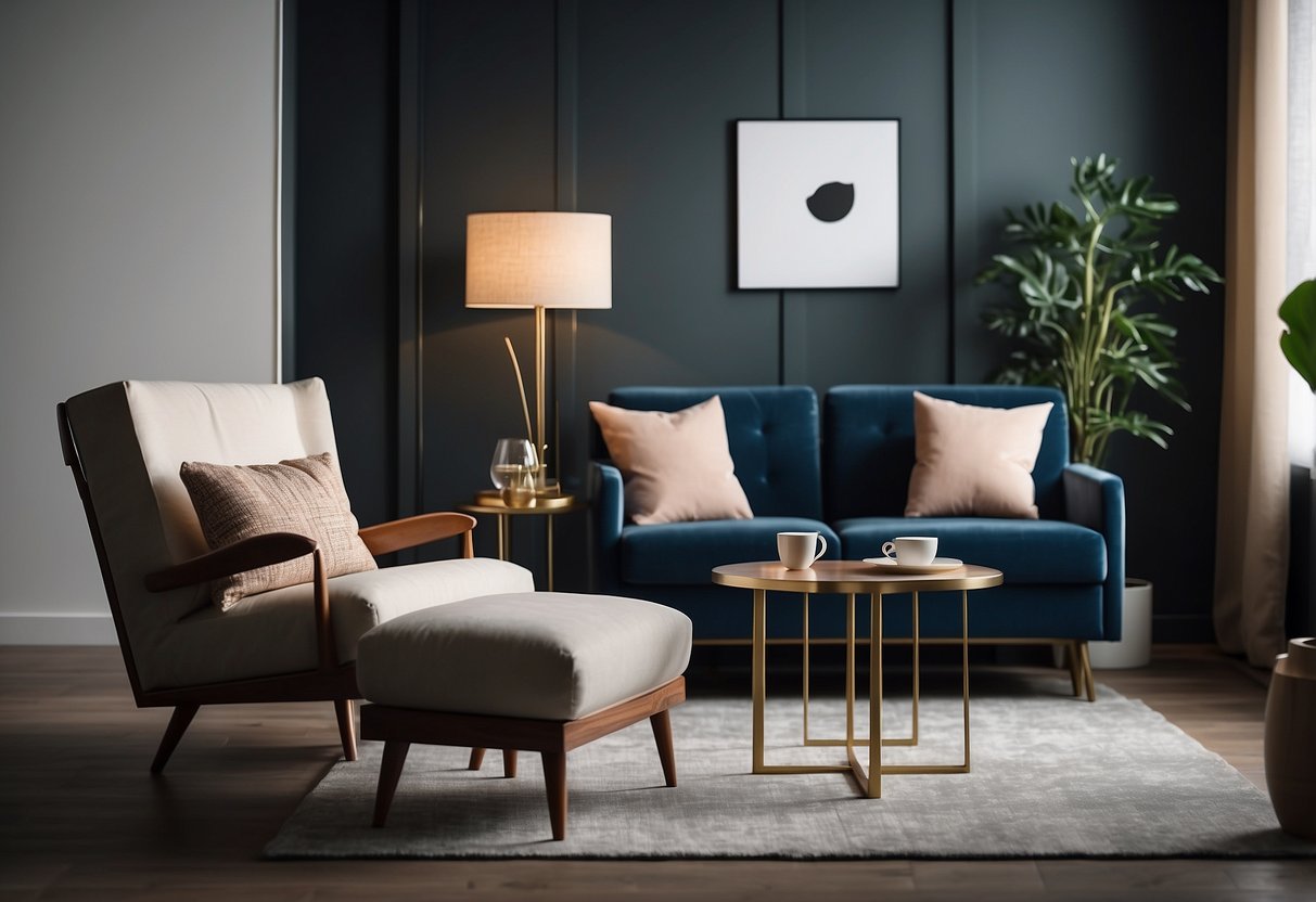 A stylish living room with modern accent furniture, including a sleek side table, a unique chair, and a decorative lamp