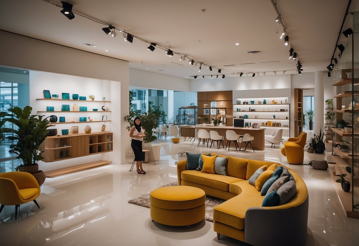 Customers browsing modern furniture in a brightly lit showroom in Singapore. Shelves display sleek designs and vibrant colors
