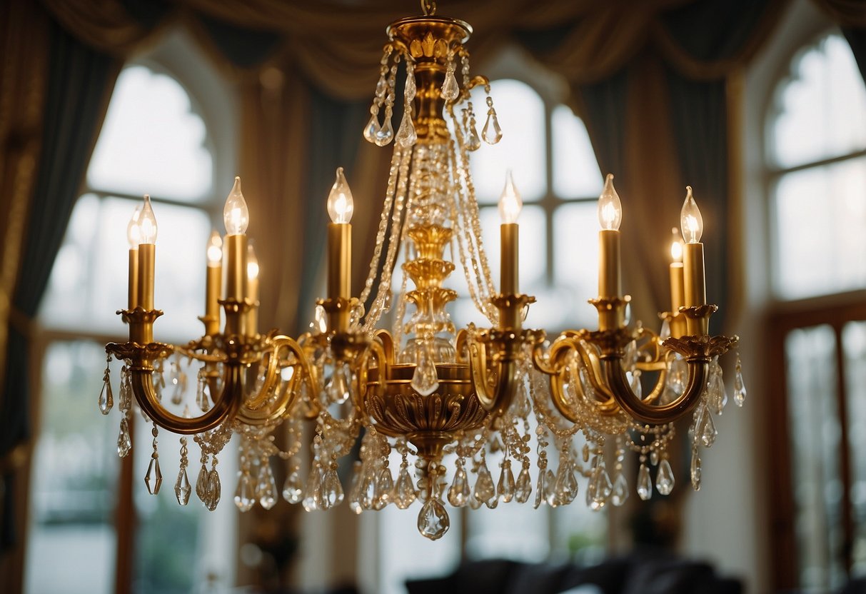 A grand chandelier illuminates opulent, gold-trimmed furniture in a spacious, regal living room. Rich fabrics and intricate details adorn every piece, exuding luxury and elegance