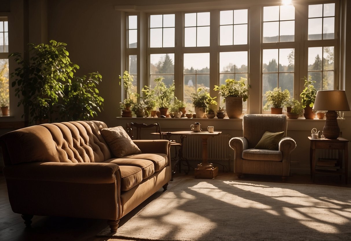 A cozy living room with a vintage sofa and armchair, adorned with second-hand charm furniture. Sunlight streams in through the window, casting a warm glow on the room
