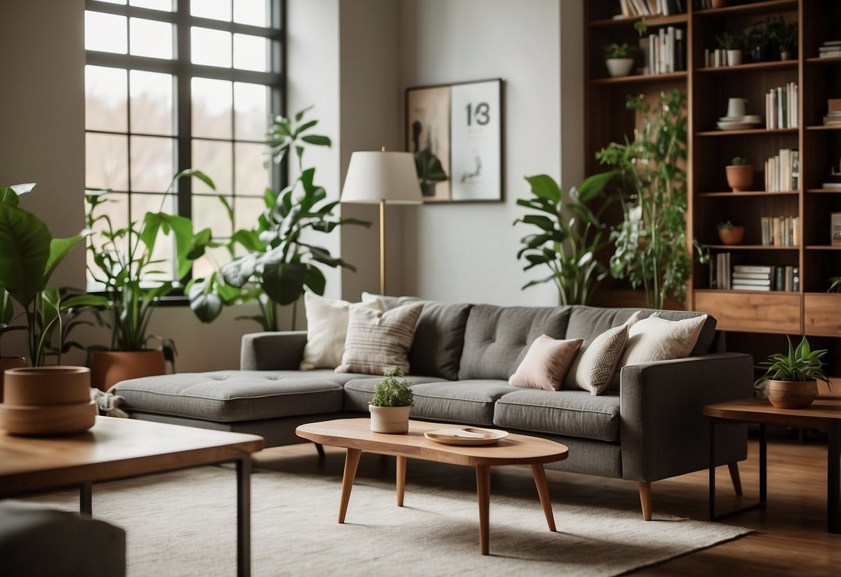 A cozy living room with Tagore Lane furniture, featuring a sleek sofa, elegant coffee table, and modern bookshelf. Warm lighting and plants add a touch of homeliness