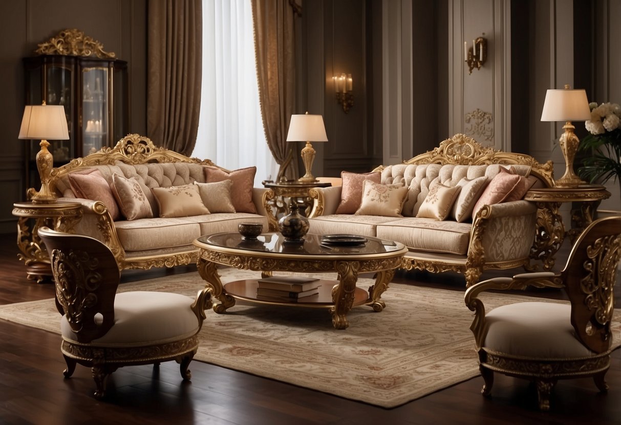 Expensive Italian furniture crafted with fine materials and exquisite craftsmanship. Rich wood, ornate carvings, and luxurious fabrics adorn the elegant pieces