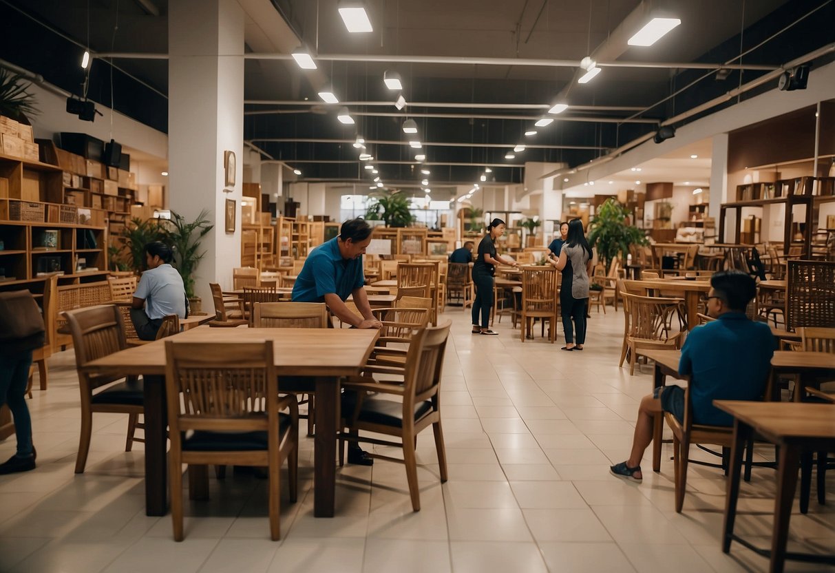 A busy johor furniture shop with shelves of wooden chairs and tables, customers browsing, and staff arranging displays
