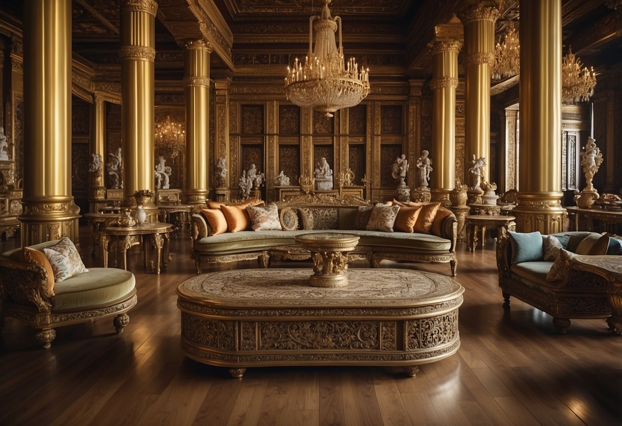The grand emperor's palace features opulent furniture, adorned with intricate carvings and luxurious fabrics. Visitors consult a list of frequently asked questions about each exquisite piece