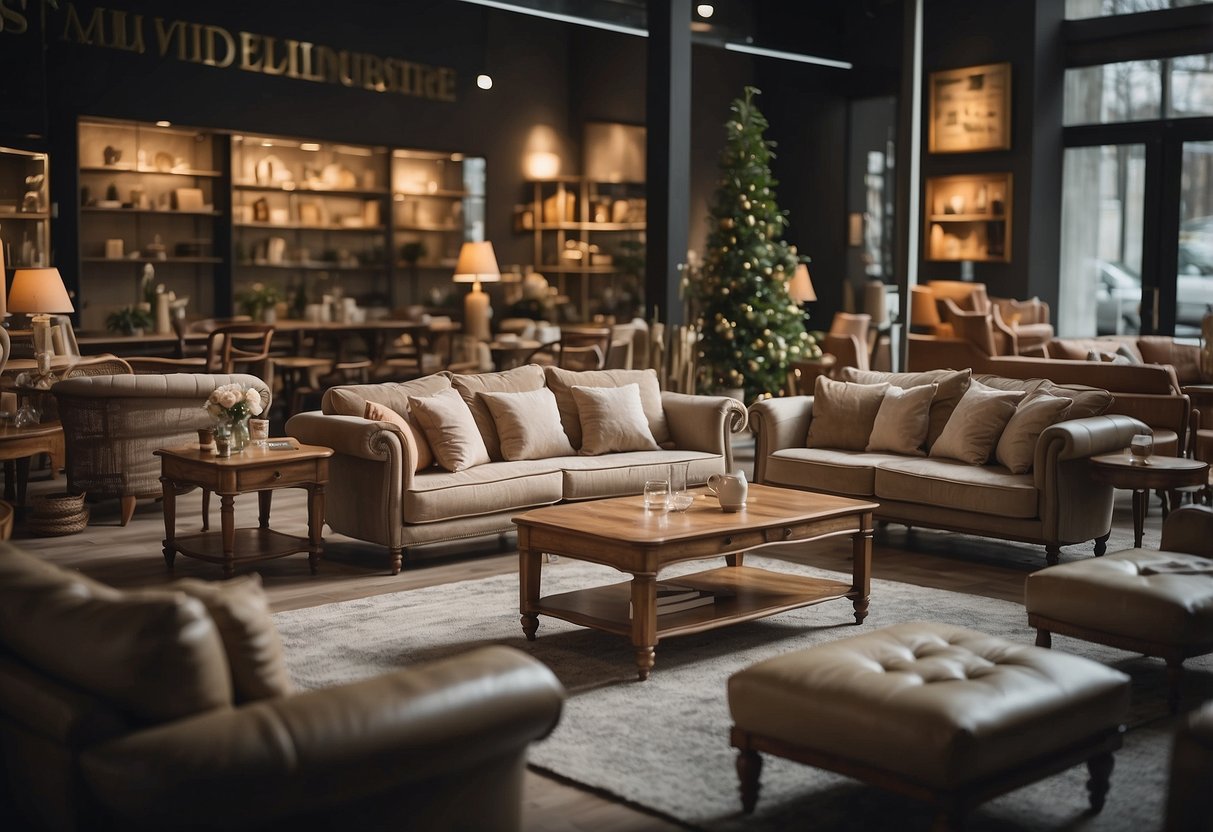 Italian furniture displayed with price tags, surrounded by customers asking questions