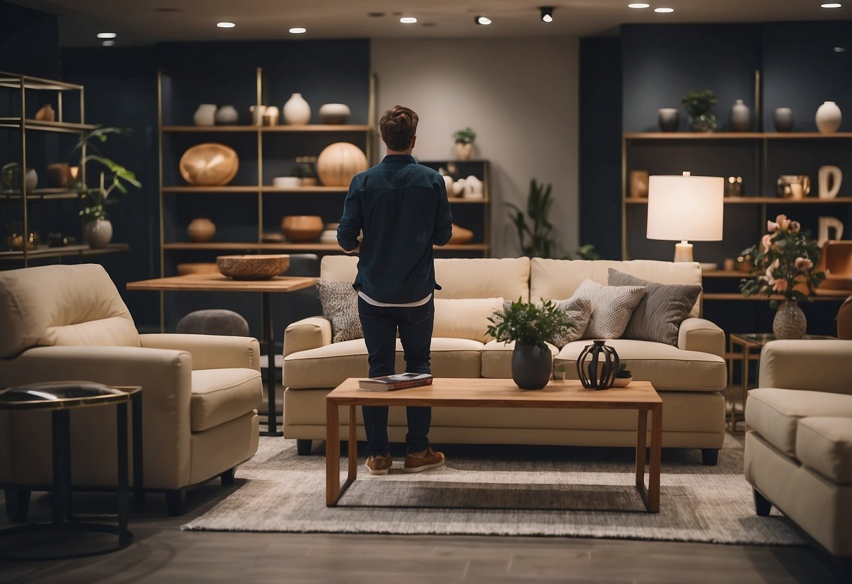A person browsing through various furniture options in a spacious showroom, carefully examining each piece for their home