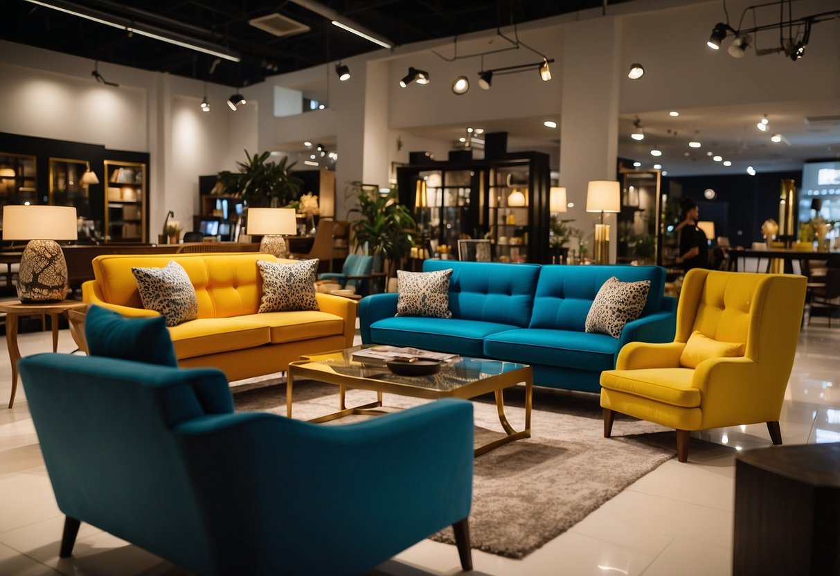 Customers browse modern and traditional furniture in a spacious Johor Bahru shop. Bright lighting and colorful displays create an inviting atmosphere