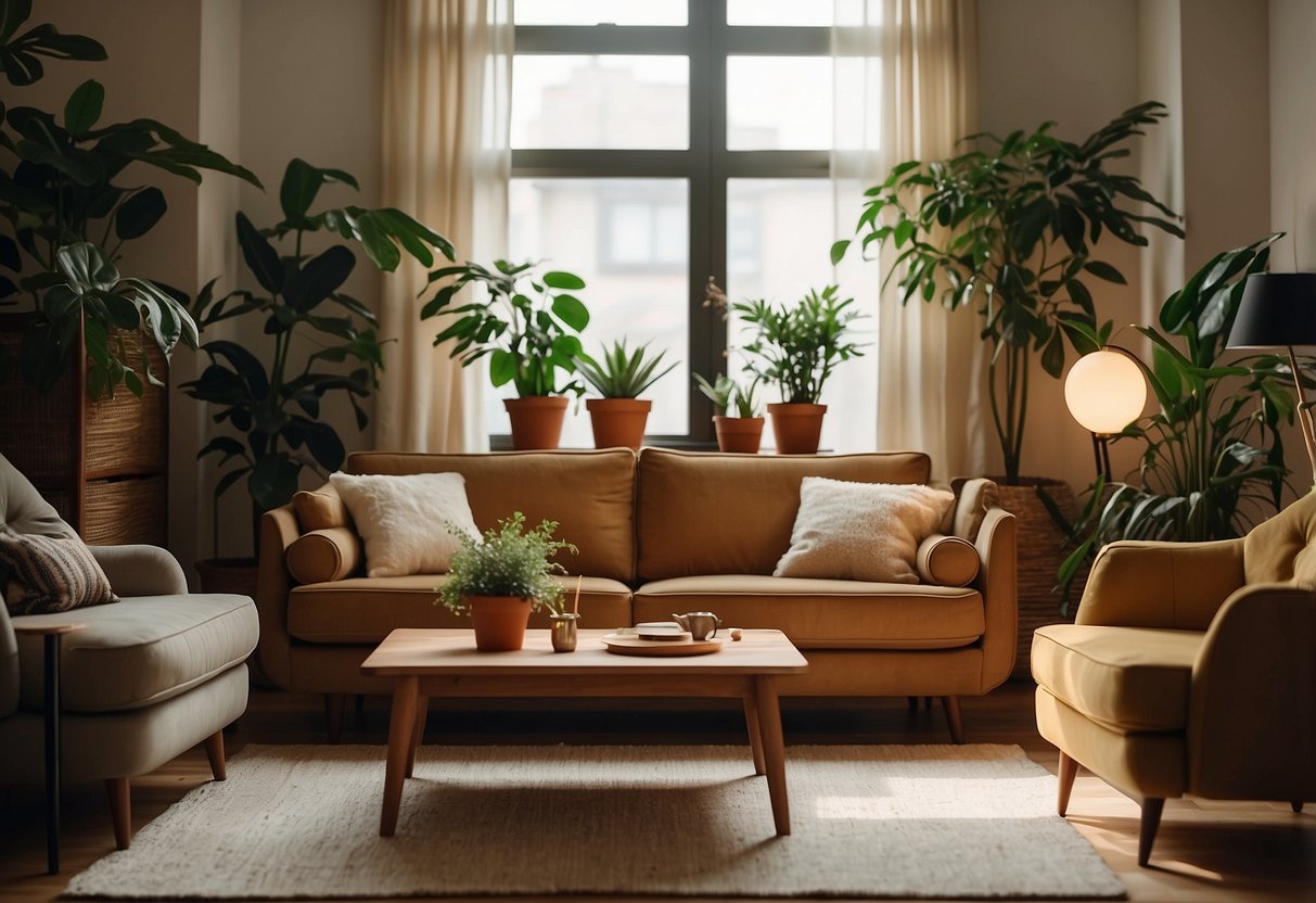 A cozy living room with vintage-inspired furniture, warm lighting, and plants