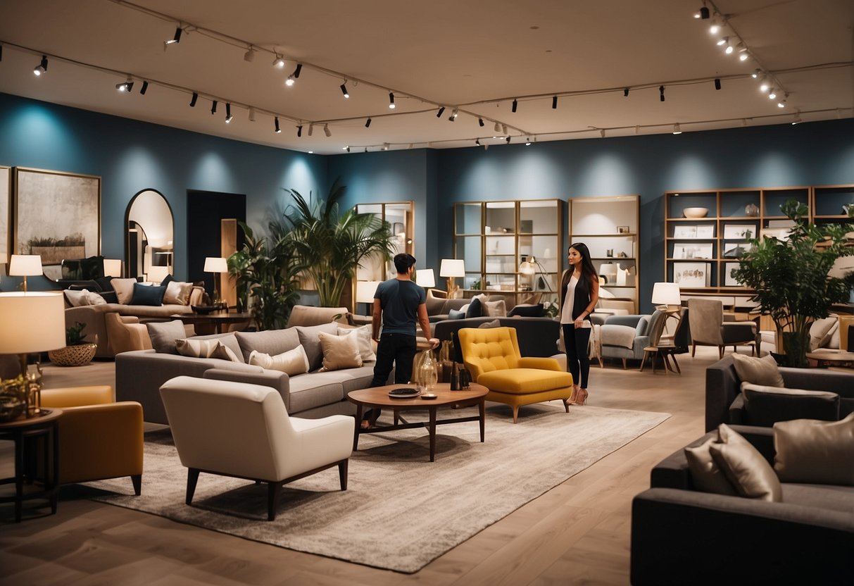 Customers browsing furniture in Tagore Lane showrooms. Displays of modern and classic designs. Bright lighting and spacious layout