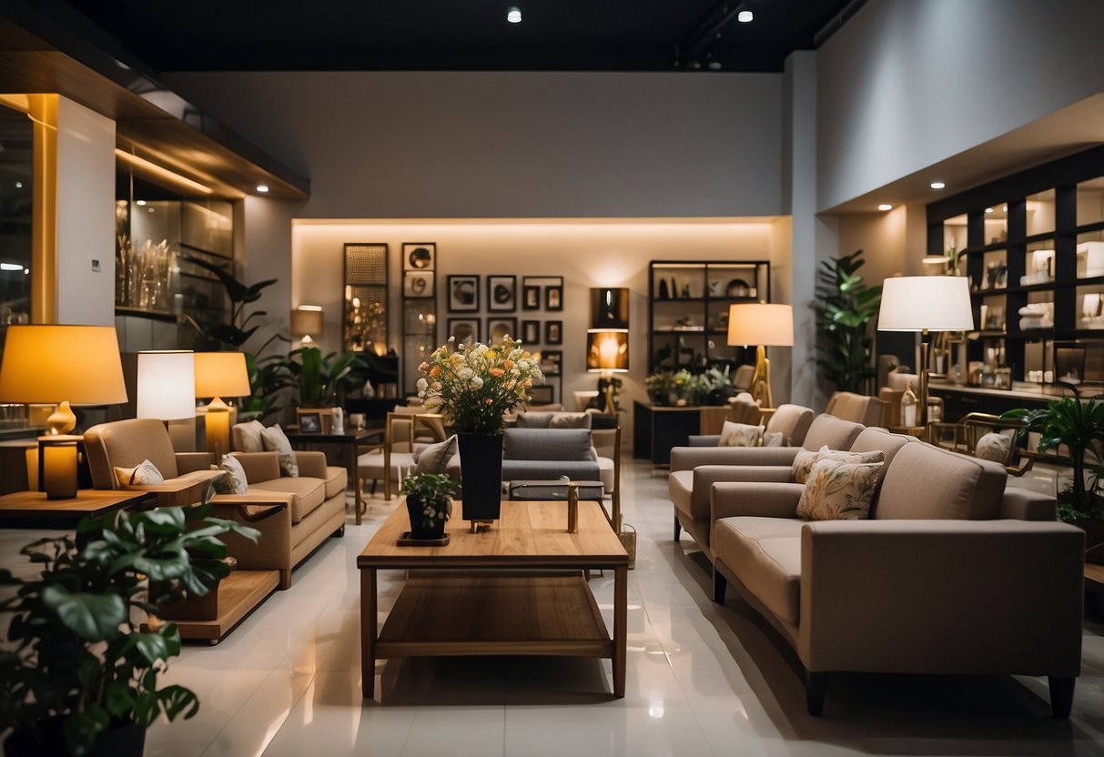 A cozy furniture shop with modern displays and friendly staff assisting customers in Johor, creating a welcoming and enjoyable customer experience