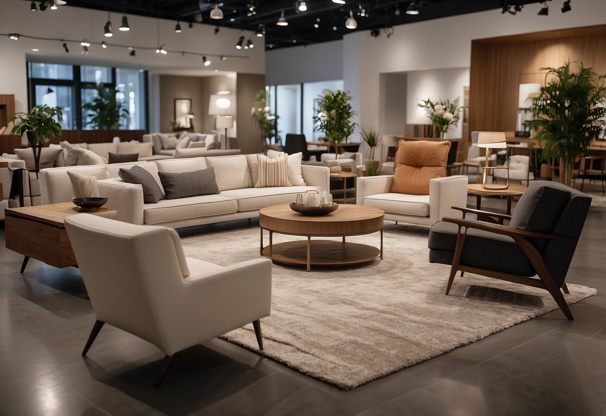 Customers browse modern furniture displays in a spacious showroom with natural lighting and minimalist decor. Staff assist with product inquiries and purchases