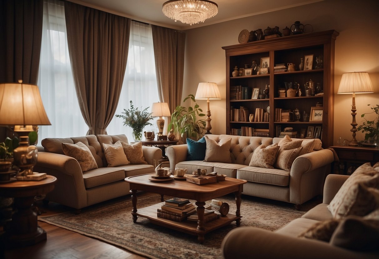 A cozy living room with a plush sofa, vintage coffee table, and warm lighting. A bookshelf filled with antique trinkets and a large window with flowing curtains