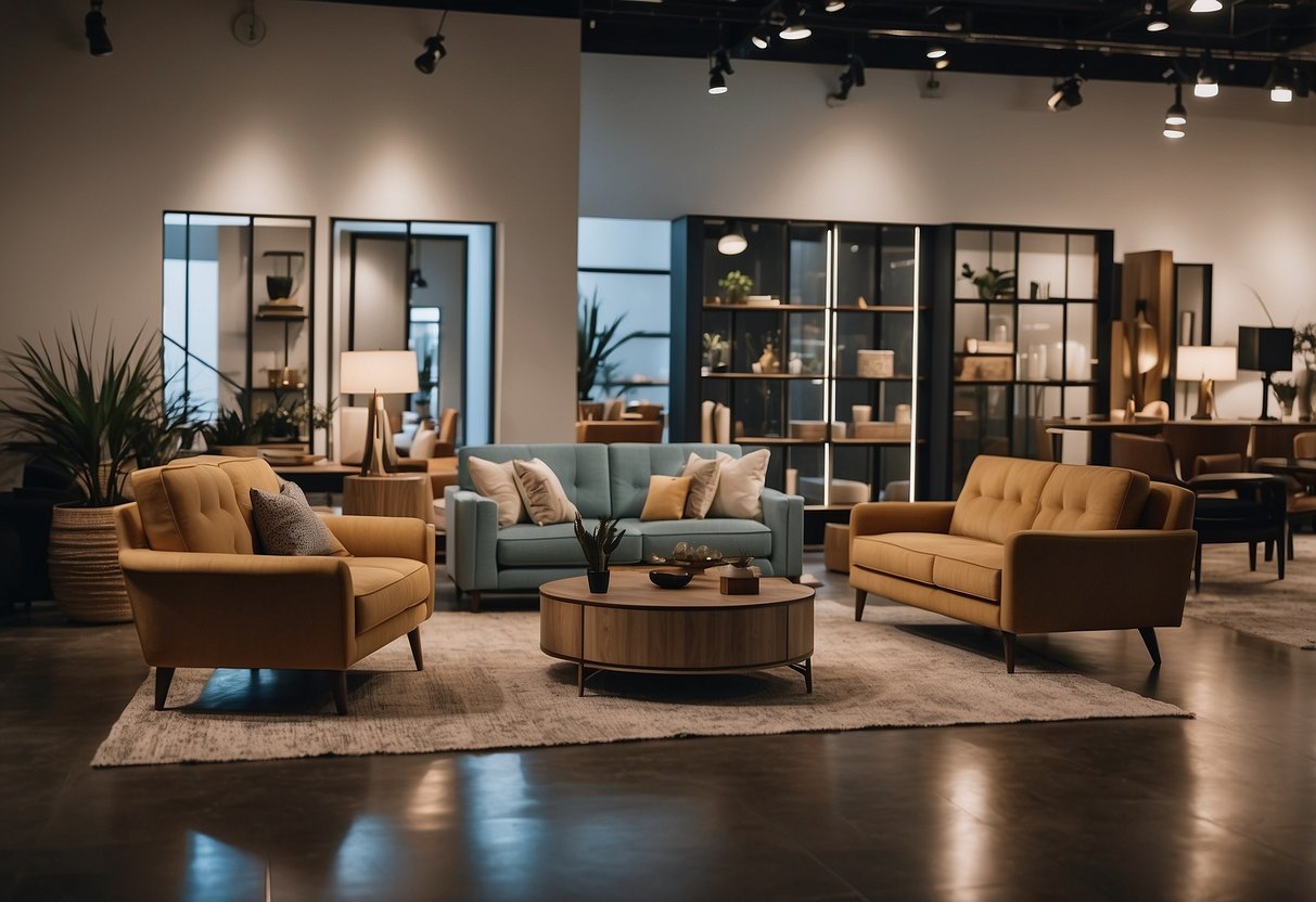 A showroom with modern furniture displays and a customer browsing through various options at Tagore Lane Furniture