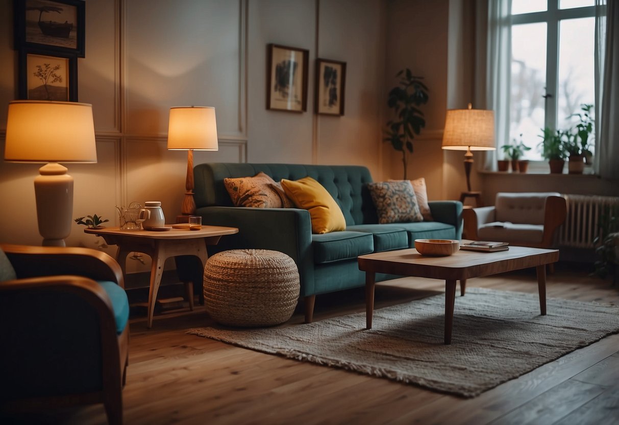 A cozy living room with a charming second-hand furniture set, featuring a vintage armchair, a rustic coffee table, and a retro floor lamp
