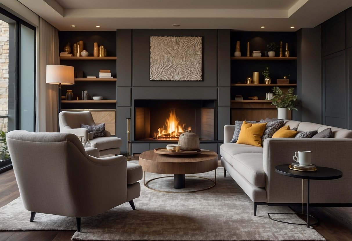 A cozy living room with a large, plush sofa, a sleek coffee table, and a stylish armchair, all arranged around a modern fireplace