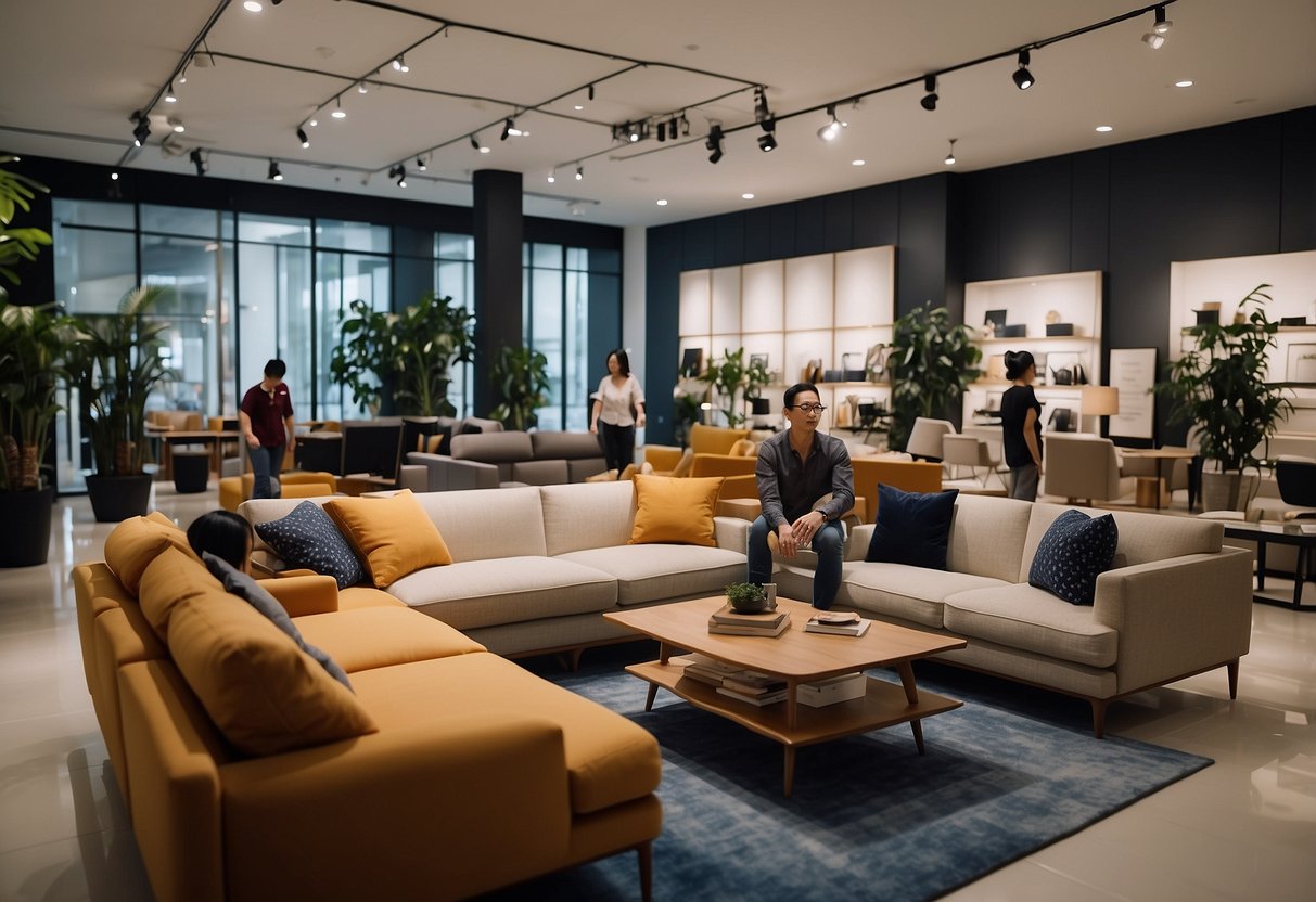 Customers browsing furniture in a modern Singapore showroom. Labels and price tags are visible. Staff assist shoppers