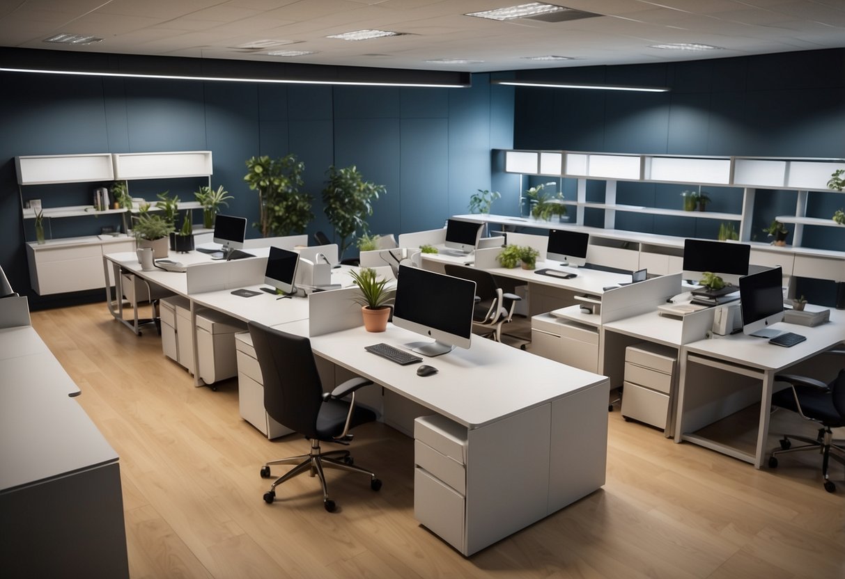 Employees arranging modular desks and shelves in a spacious, well-lit office. Clean lines and modern design create a sleek, efficient workspace
