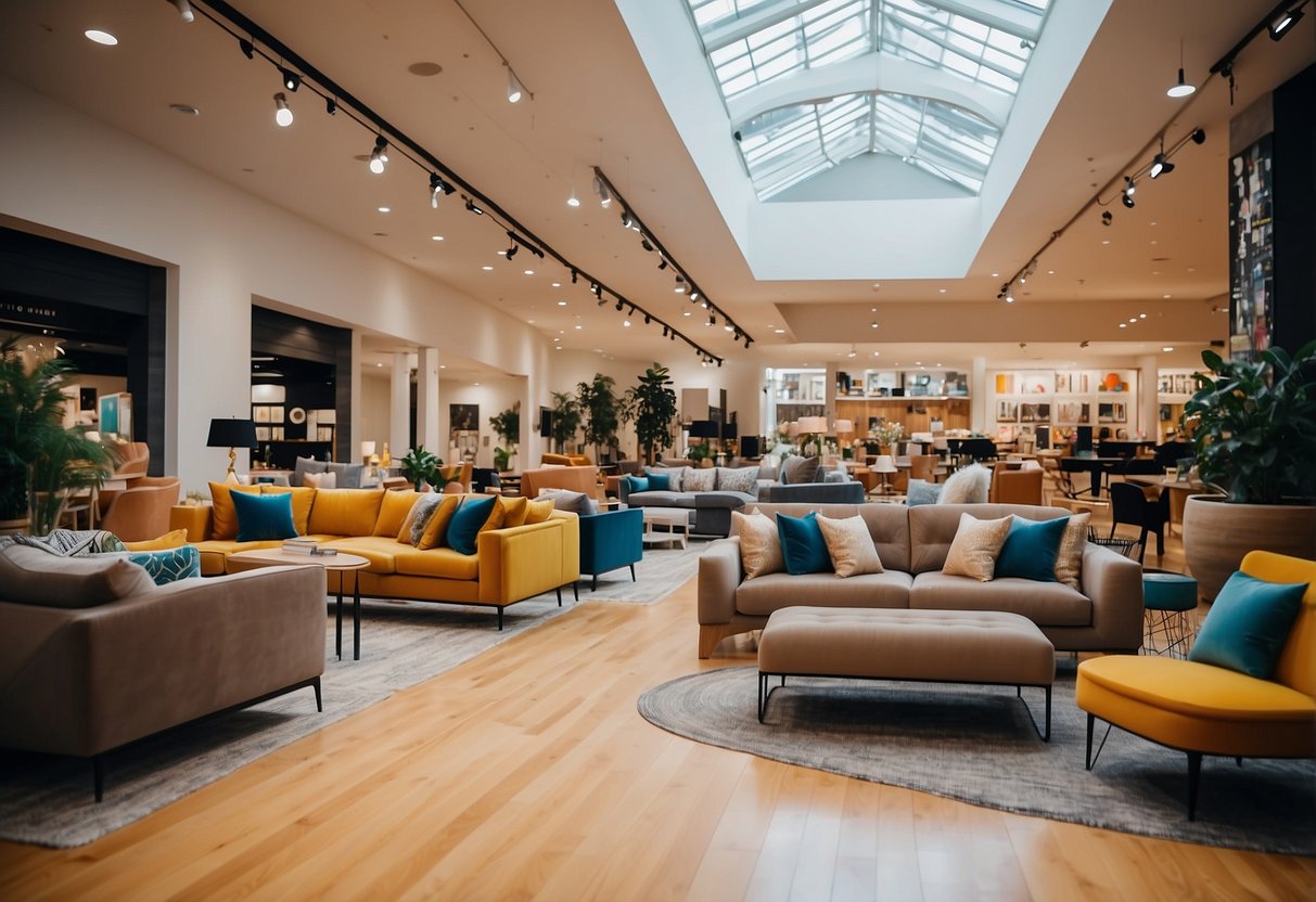 A bright, modern furniture store with sleek display setups and colorful decor. Shoppers browse through stylish sofas, tables, and chairs, while staff assist with selections