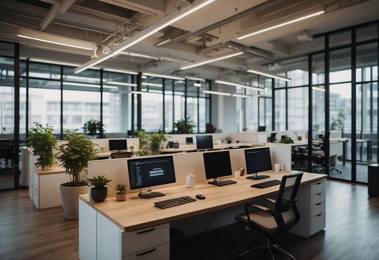 A modern open office layout with modular furniture, collaborative workspaces, and natural lighting