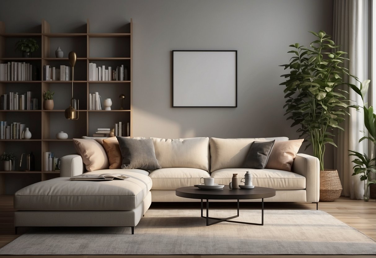 A modern living room with a sleek, minimalist furny furniture set, including a sofa, coffee table, and bookshelf. The room is well-lit with natural light and features clean, simple lines