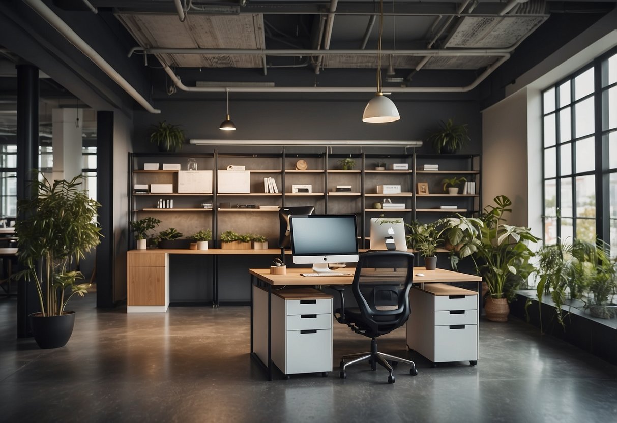 An open-plan office with modular furniture, labeled "Frequently Asked Questions" system, creating a functional and organized workspace