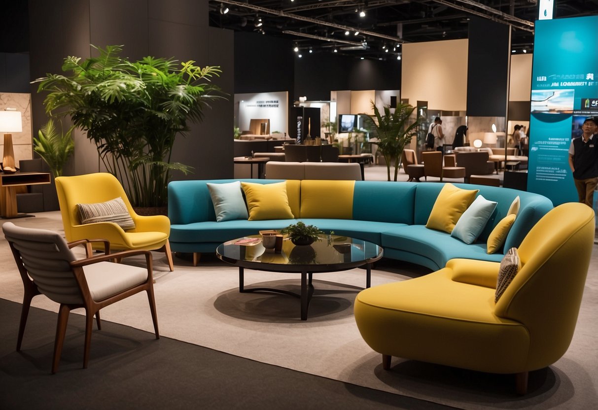 Vibrant displays of modern and traditional furniture at Singapore Furniture Fair 2017. Bright lights illuminate sleek designs and intricate details