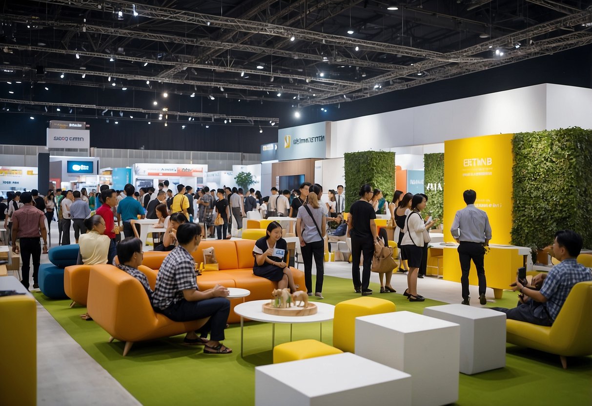 A bustling exhibition hall with vibrant furniture displays and curious visitors at the Singapore Furniture Fair 2017