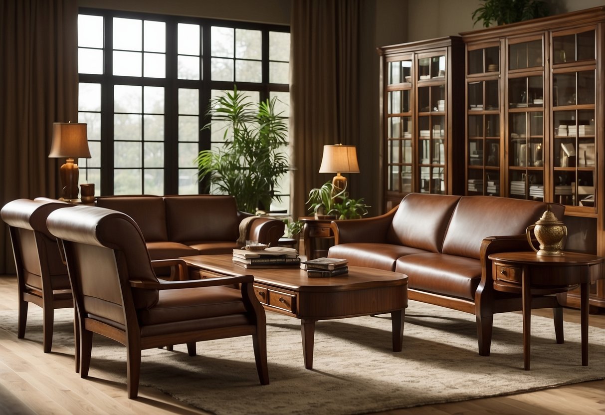 Teak and mahogany furniture arranged in a spacious, sunlit room. Rich wood tones and elegant craftsmanship